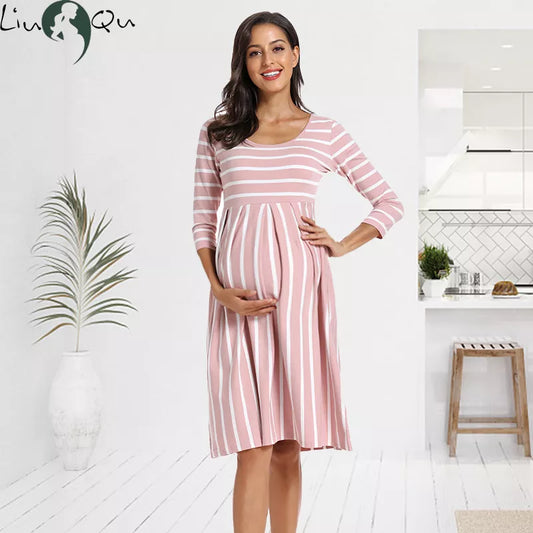 Women Summer Casual Striped Maternity Dresses Clothes Short Sleeve Knee Length Pregnancy Dress Session Pleated Baby Shower  Pink