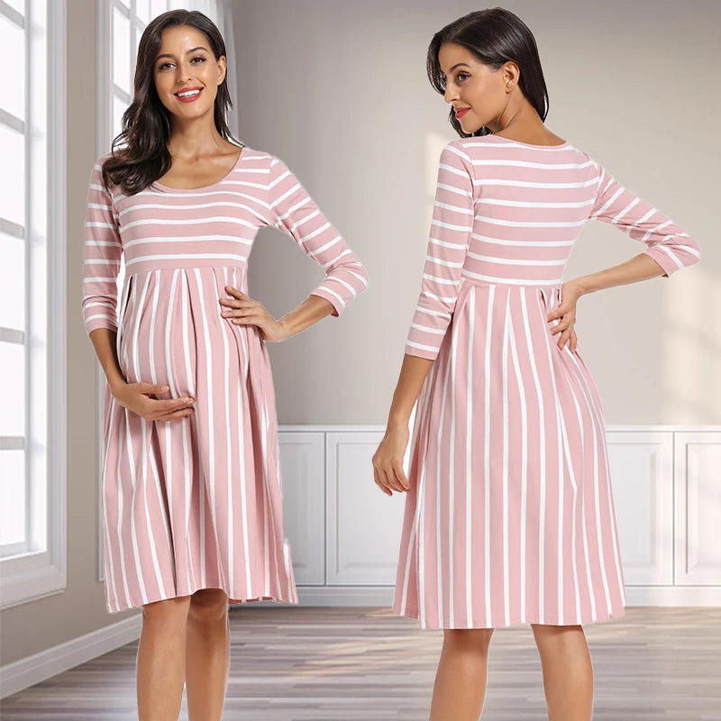 Women Summer Casual Striped Maternity Dresses Clothes Short Sleeve Knee Length Pregnancy Dress Session Pleated Baby Shower  Pink