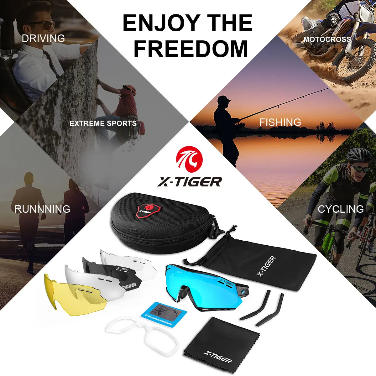 X-TIGER New Cycling Glasses MTB Bike Protection Eyewear Running Fishing Sports Men Women 5 Lens Polarized Bicycle Sunglasses