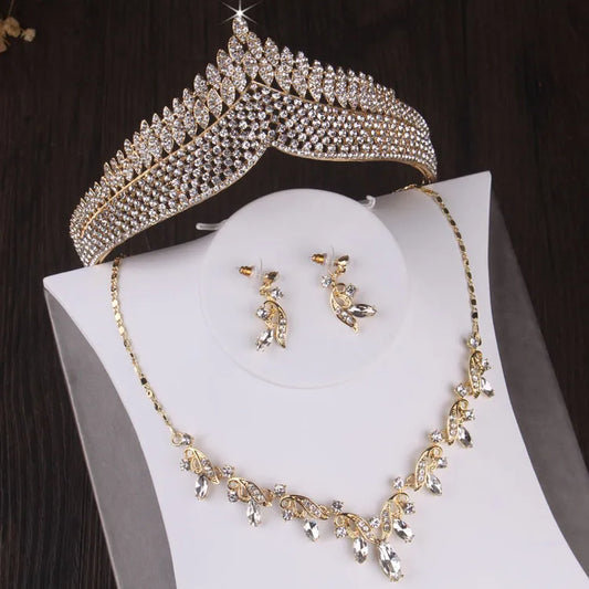 Baroque Vintage Gold Color Crystal Leaf Bridal Jewelry Sets Rhinestone Crowns Choker Necklace Earrings African Beads Jewelry Set