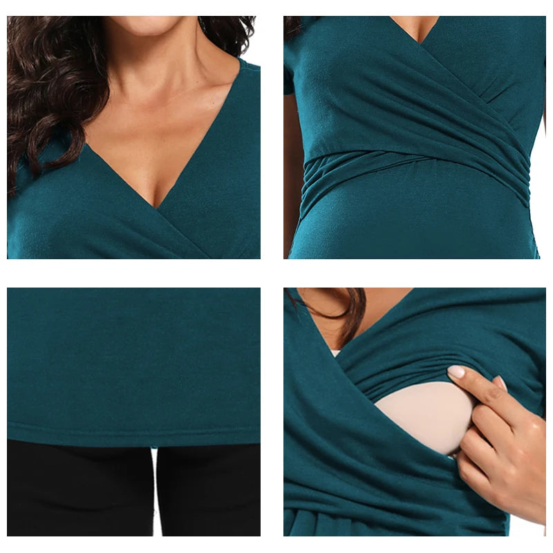 Womens Maternity Clothes Breastfeeding Clothing Short Sleeve Pregnant Clothes Pleated Side Open Pregnancy T-Shirt  Top