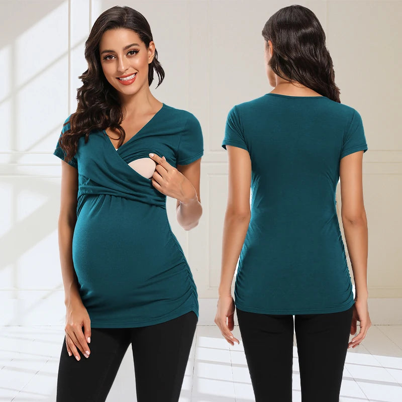 Womens Maternity Clothes Breastfeeding Clothing Short Sleeve Pregnant Clothes Pleated Side Open Pregnancy T-Shirt  Top