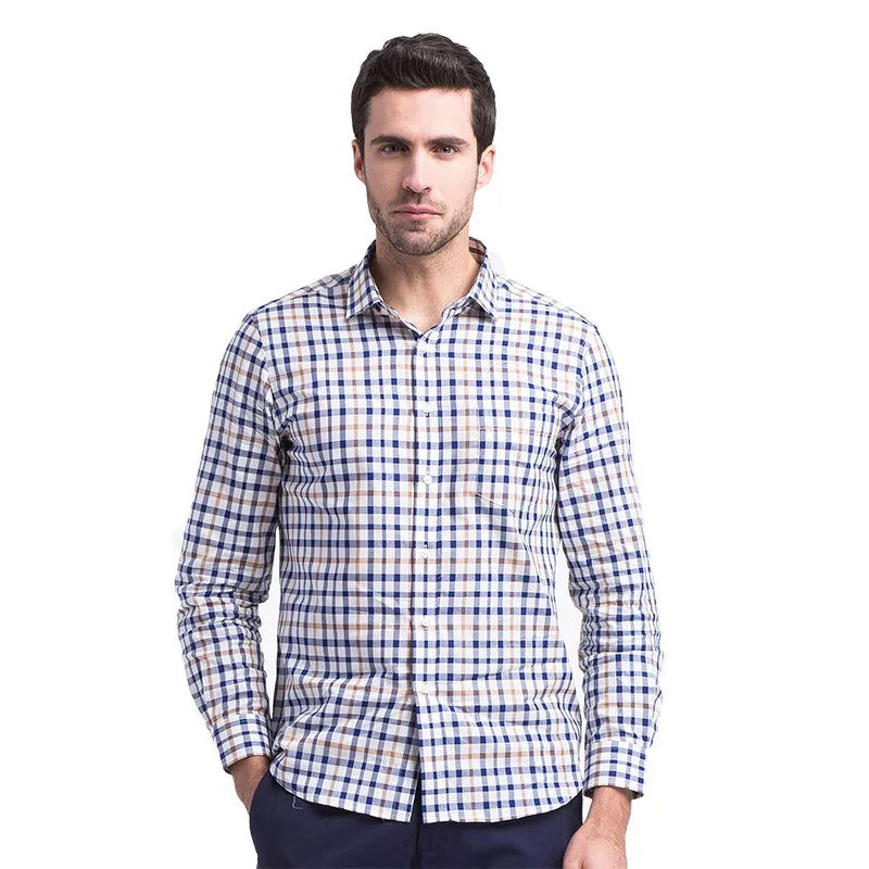 Mens 100% Cotton Plaid Social Shirts Fashion Long Sleeve High Quality Male Blouses Slim fit Designer Oxford Shirt for Men