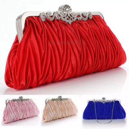 Women Lady Satin Crystal Bridal Handbag Clutch Party Wedding Purse Evening Bag Pleated Day Clutches Solid Ladies Handbags