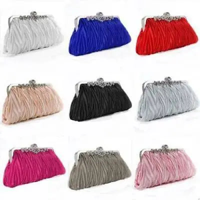 Women Lady Satin Crystal Bridal Handbag Clutch Party Wedding Purse Evening Bag Pleated Day Clutches Solid Ladies Handbags