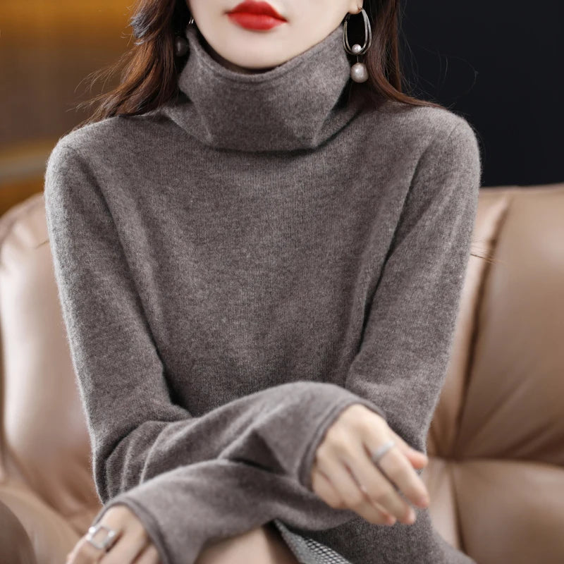 Merino Wool Cashmere Sweater Women's High Stacked Collar Pullover Long Sleeve Winter Knitted Sweater Warm High Quality Jumper