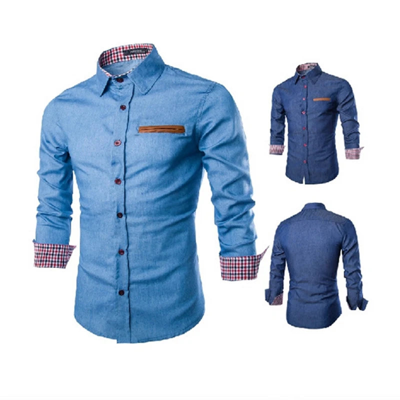 Mens Denim Shirts 2022 Long Sleeve Men Dress Shirt Fashion Slim Fit Style Navy Blue Jeans Male Shirt Longsleeve Shirt For Men