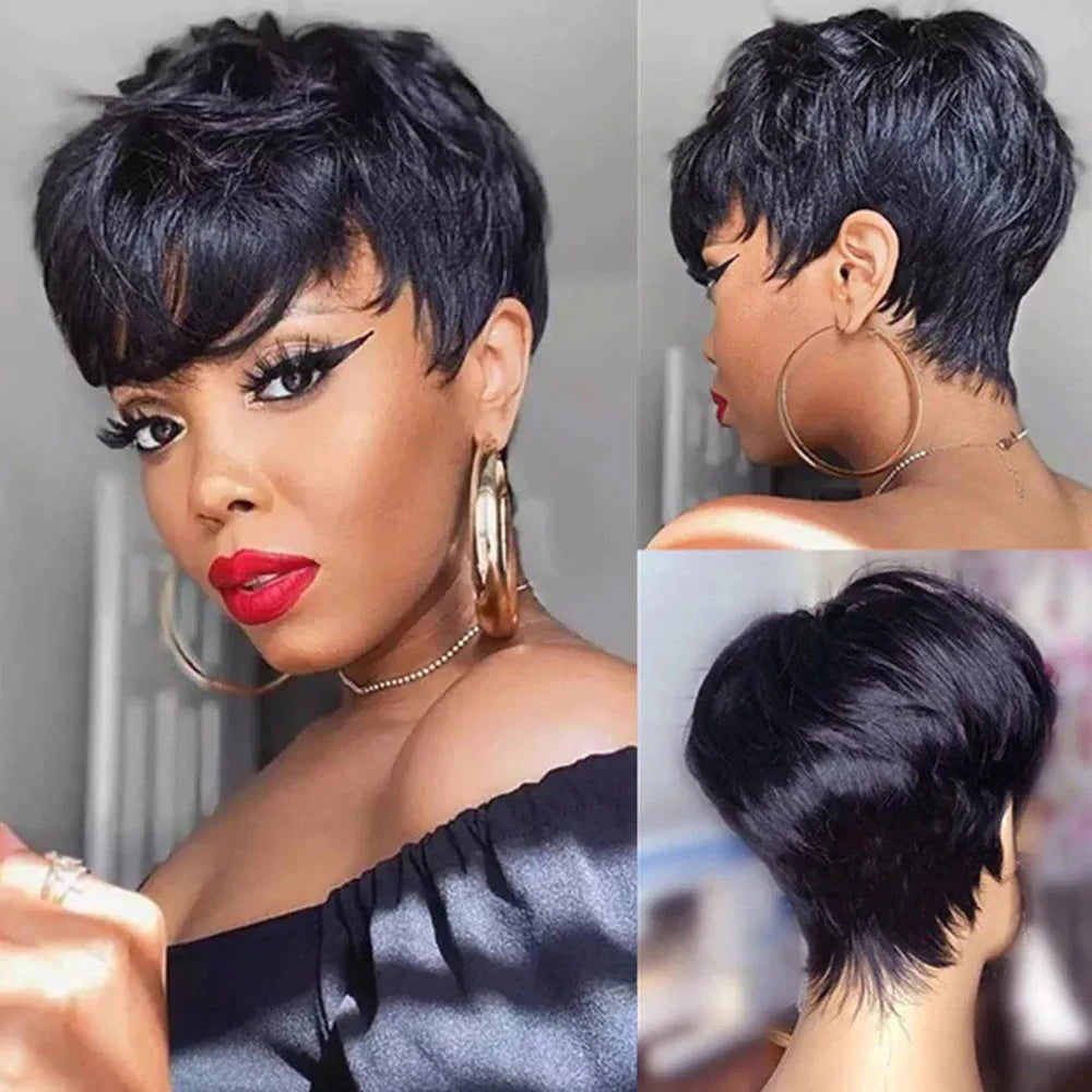 Short Pixie Cut Wig Human Hair For Black Women Machine Made Wigs With Bangs Glueless Wig Human Hair Wigs