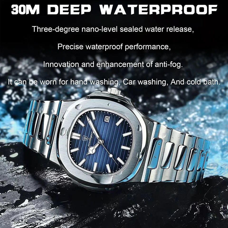 POEDAGAR Luxury Watch Business Waterproof Male Clock Luminous Date Stainless Steel Square Quartz Men Watch reloj hombre 2023 New