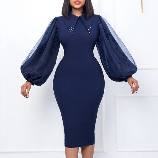 2023 Spring Autumn Women Clothing Elegant Church Dresses Larten Long Sleeve Beaded Notched Knee Length Formal Wear Pencil Dress