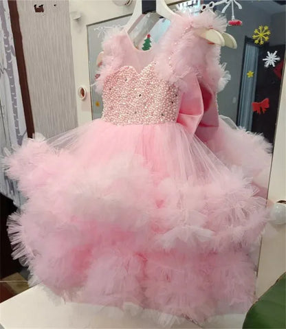 Luxurious Feather Pearl Flower Girl Dresses Baby Ball Gown Birthday Party Dress for Girls Tulle Layers Glitter Kids Pageant Gown