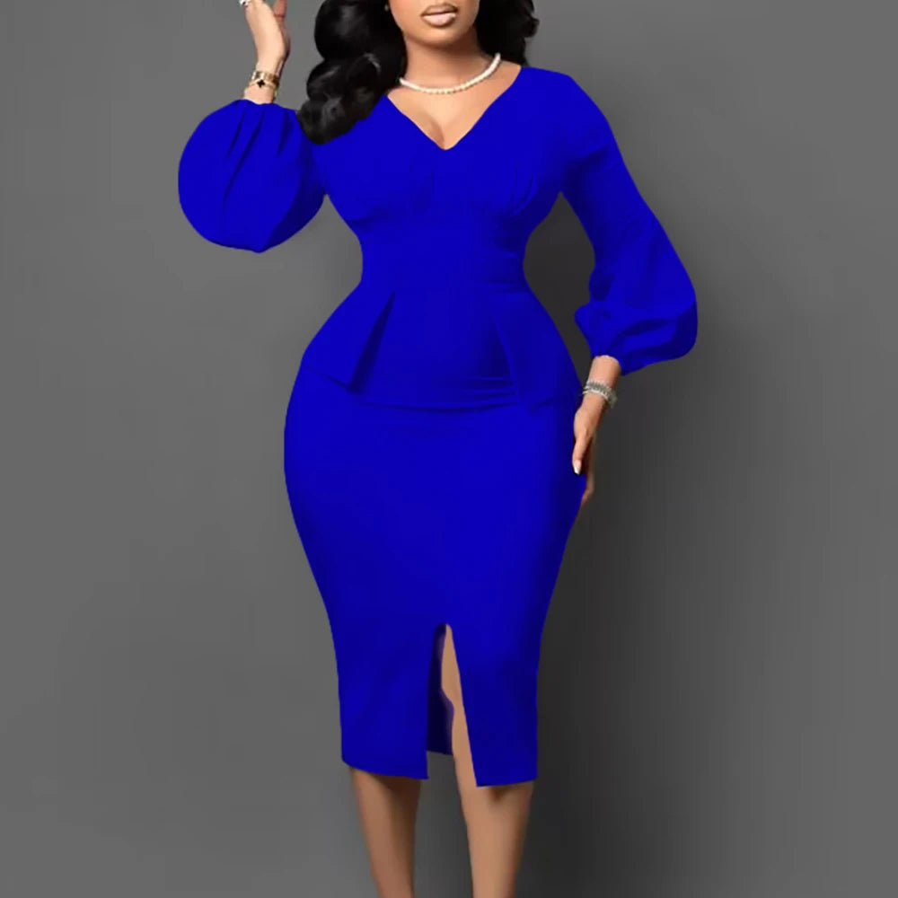 2023 New Arrivals Women Puff Sleeve Dress High Wrap Sexy V Neck Solid Color Slit Work Office Dresses Women Festival Church Dress