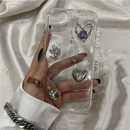 Retro Shining Cupid Love Heart Case For Iphone 15 14 13 12 11 Pro XS Max X XR Ultra-thin Glitter 3D Epoxy Transparent Soft Cover