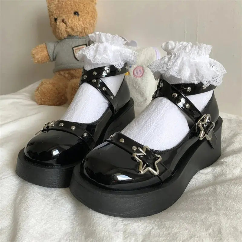 Shoes Lolita shoes Women heels platform mary janes Star Buckle Strap Mary Janes Women Cross-tied Girls Rivet Casual kawaii shoes