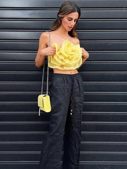 Mesh Yellow Rose Floral Top Autumn Winter Fashion Sleeveless Crop Tops Sets Party Women 2022 Blusas Mujer Rose Floral Tank Top