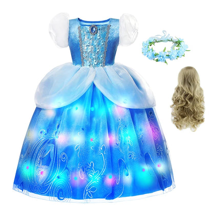 LED Light Up Disney Cinderella Princess Cosplay Dress for Girl Kids Ball Gown Sequin Carnival Mesh Clothing for Birthday Gift