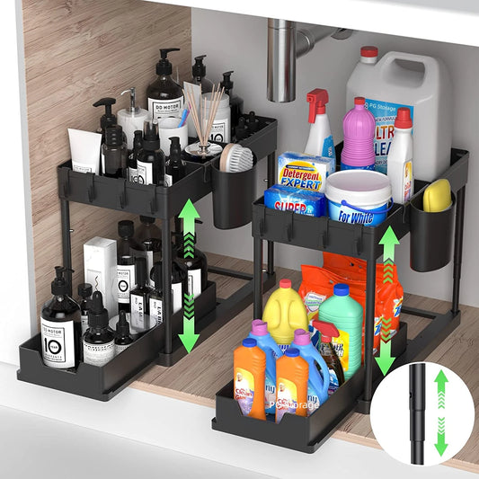 Kitchen Under Sink Organizer Adjustable Height 2-Tier Under Cabinet Storage Bathroom Organizer Sliding Drawer With Hooks Baskets