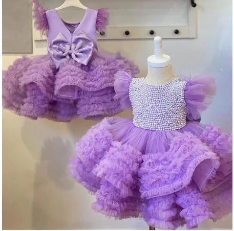 Luxurious Feather Pearl Flower Girl Dresses Baby Ball Gown Birthday Party Dress for Girls Tulle Layers Glitter Kids Pageant Gown