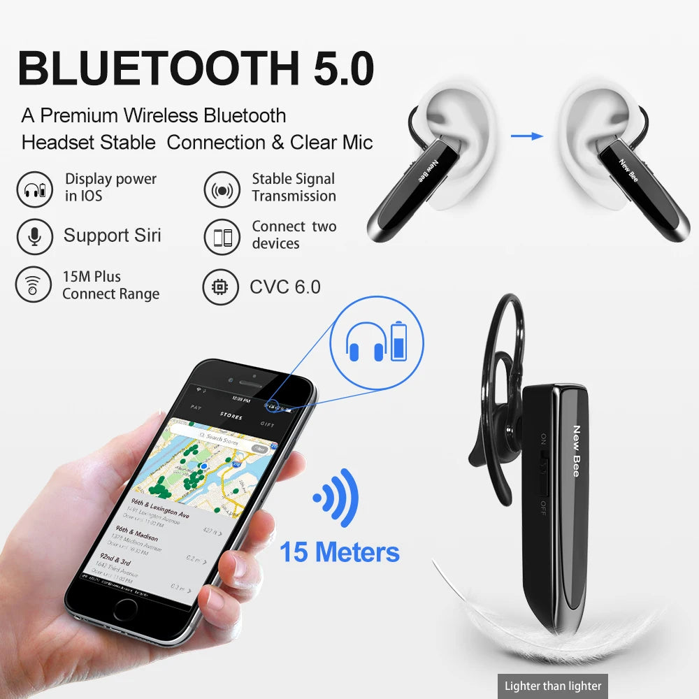 New Bee Bluetooth Earphones V5.0 Headset Wireless Headphones Business Hands-free Earbuds 24H Talk Time Earpiece with Microphone