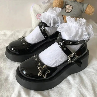 Shoes Lolita shoes Women heels platform mary janes Star Buckle Strap Mary Janes Women Cross-tied Girls Rivet Casual kawaii shoes