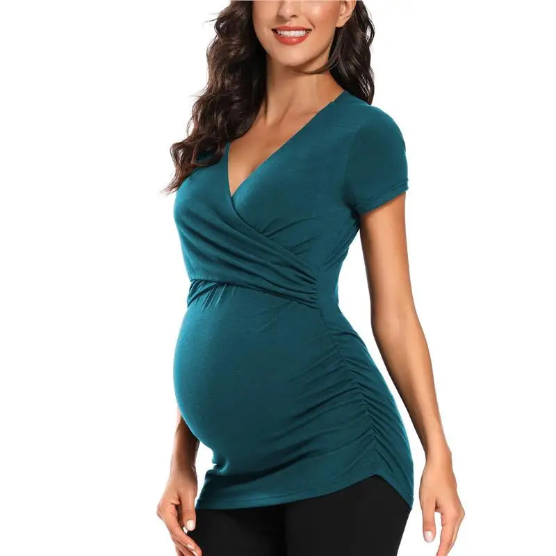 Womens Maternity Clothes Breastfeeding Clothing Short Sleeve Pregnant Clothes Pleated Side Open Pregnancy T-Shirt  Top