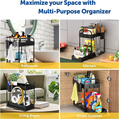 Kitchen Under Sink Organizer Adjustable Height 2-Tier Under Cabinet Storage Bathroom Organizer Sliding Drawer With Hooks Baskets