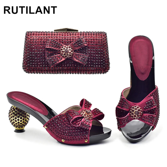 New Arrival African Women Shoes and Bag Set Decorated with Rhinestone Luxury Shoes Women Designers Slip on Shoes for Women