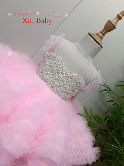 Luxurious Feather Pearl Flower Girl Dresses Baby Ball Gown Birthday Party Dress for Girls Tulle Layers Glitter Kids Pageant Gown