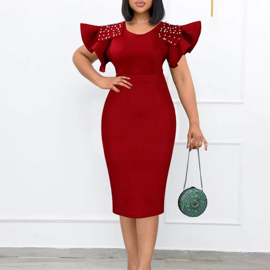 Trendy 2023 Women Summer Church Dresses Elegant Studded Beaded Ruffle Sleeve Bodycon Knee Length Cocktail Party Formal Dress