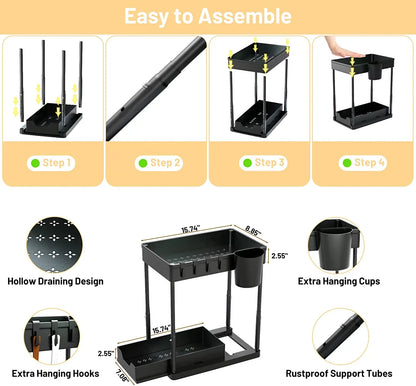 Kitchen Under Sink Organizer Adjustable Height 2-Tier Under Cabinet Storage Bathroom Organizer Sliding Drawer With Hooks Baskets