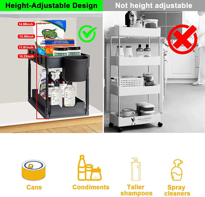 Kitchen Under Sink Organizer Adjustable Height 2-Tier Under Cabinet Storage Bathroom Organizer Sliding Drawer With Hooks Baskets