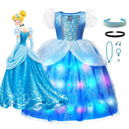 LED Light Up Disney Cinderella Princess Cosplay Dress for Girl Kids Ball Gown Sequin Carnival Mesh Clothing for Birthday Gift