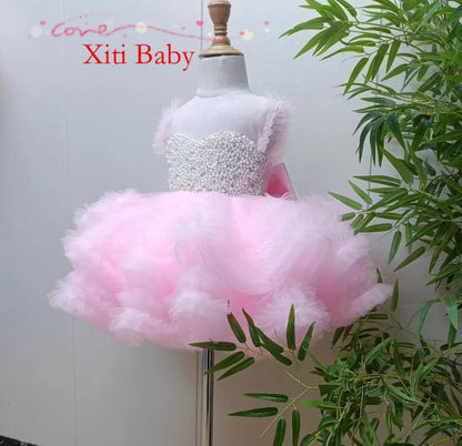 Luxurious Feather Pearl Flower Girl Dresses Baby Ball Gown Birthday Party Dress for Girls Tulle Layers Glitter Kids Pageant Gown