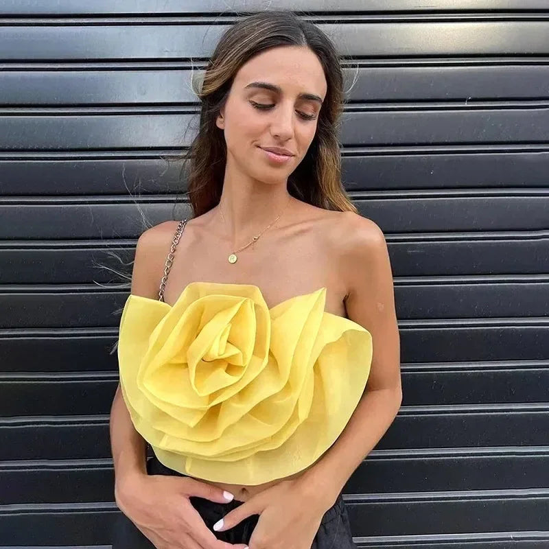 Mesh Yellow Rose Floral Top Autumn Winter Fashion Sleeveless Crop Tops Sets Party Women 2022 Blusas Mujer Rose Floral Tank Top