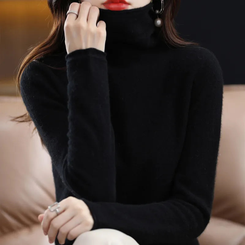 Merino Wool Cashmere Sweater Women's High Stacked Collar Pullover Long Sleeve Winter Knitted Sweater Warm High Quality Jumper