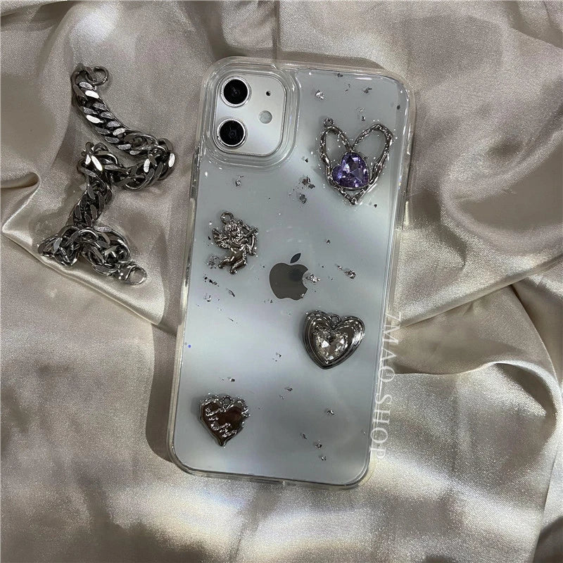 Retro Shining Cupid Love Heart Case For Iphone 15 14 13 12 11 Pro XS Max X XR Ultra-thin Glitter 3D Epoxy Transparent Soft Cover