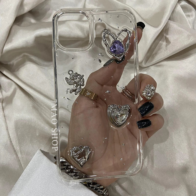 Retro Shining Cupid Love Heart Case For Iphone 15 14 13 12 11 Pro XS Max X XR Ultra-thin Glitter 3D Epoxy Transparent Soft Cover