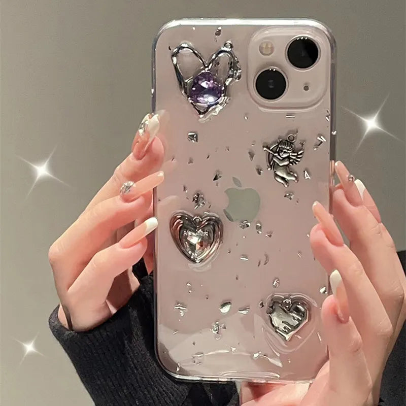 Retro Shining Cupid Love Heart Case For Iphone 15 14 13 12 11 Pro XS Max X XR Ultra-thin Glitter 3D Epoxy Transparent Soft Cover