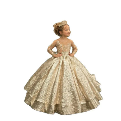 Golden Luxury Fluffy Long Fantasy Sleeve Bow Belt Flower Girl Dress Wedding Bridesmaid Birthday Celebration Eucharist Dress